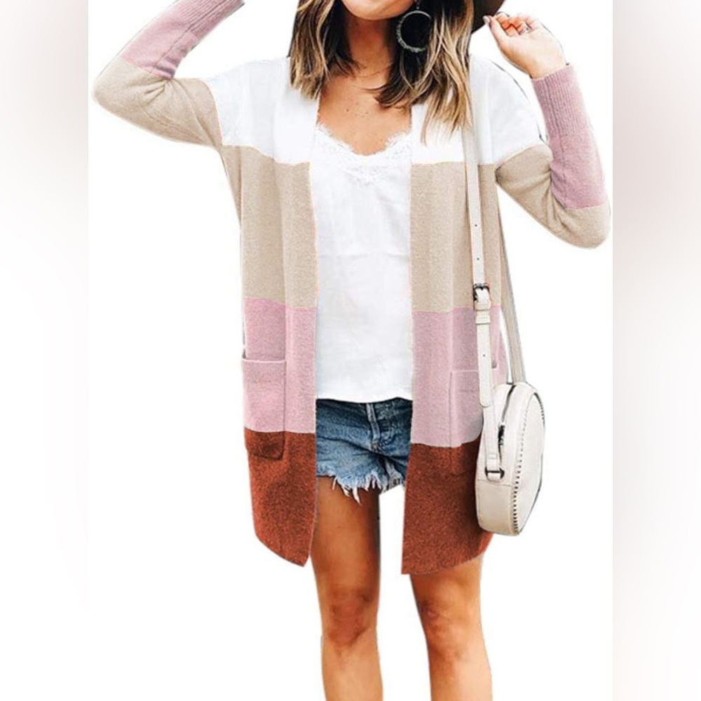 ECOWISH Womens Cardigan Color Block Striped Draped Kimono Cardigans Long Sleeve